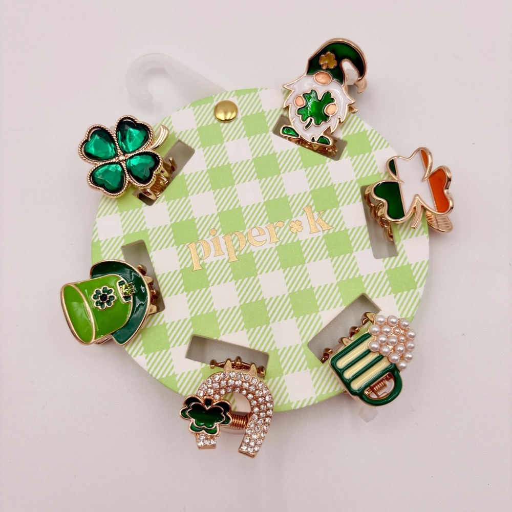 Piper + K St Patricks Day Hair Clips 6pc Set Shamrock Gnome Beer Mug Horseshoe